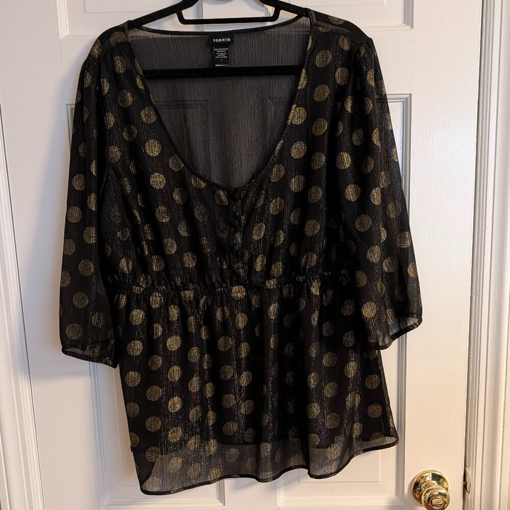 Torrid Black & Gold Foil Polka Dot Sheer Blouse – 3/4 Sleeves - Size Torrid 1